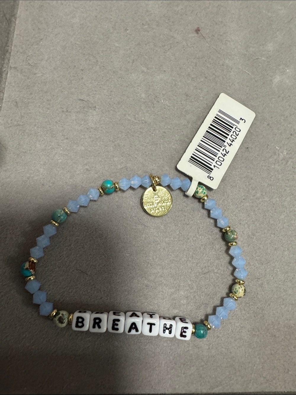 Light Blue 'BREATHE' Beaded Stretch Bracelet with Gold Accent
